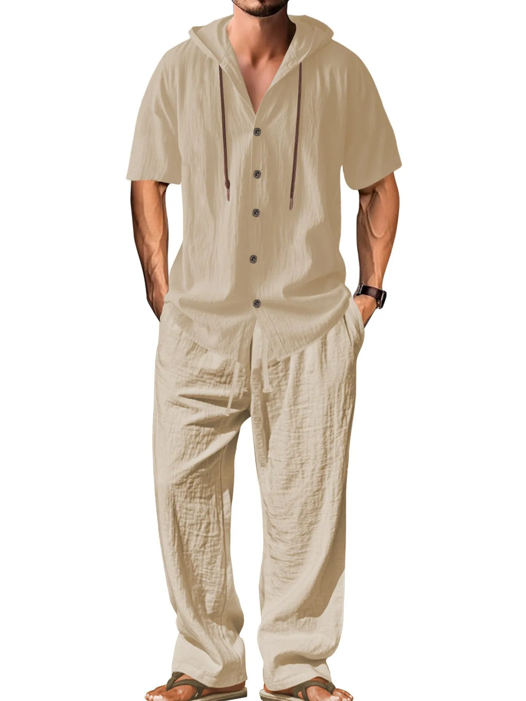 Men's casual cotton two-piece sports leisure suit in black, shown on a hanger.