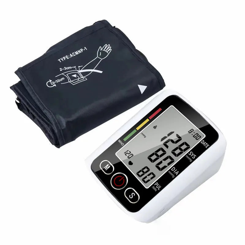 Automatic arm electronic blood pressure monitor with large screen on grey background.