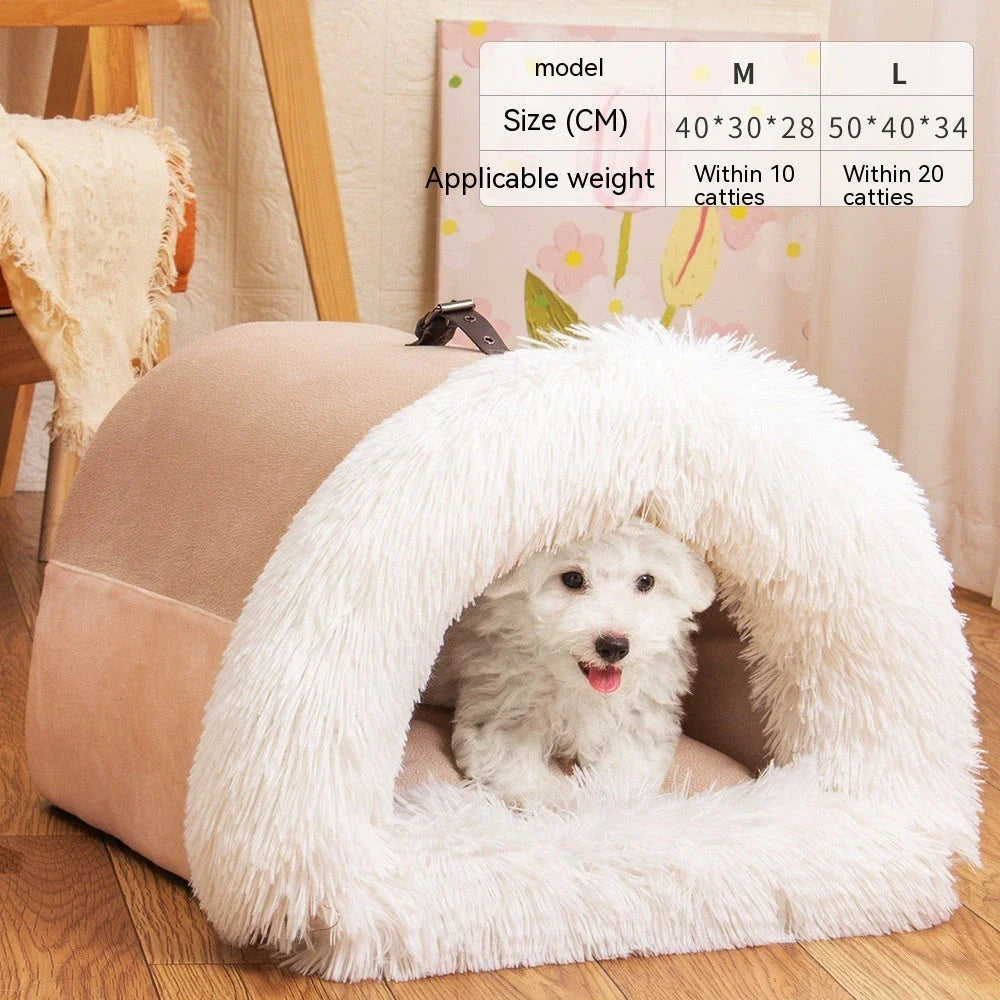 Cozy Canine Retreat: Portable plush pet bed with semi-enclosed design, perfect for dogs and cats during autumn and winter seasons