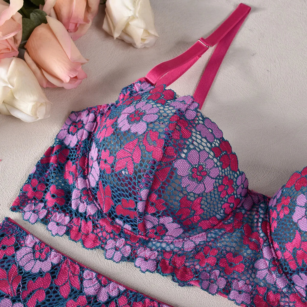 Rose red women's bikini with contrast colour embroidery, polyester swimwear set