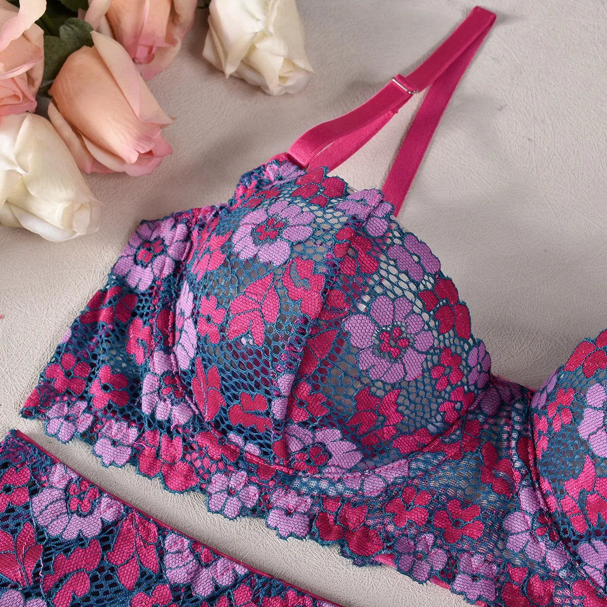 Rose red women's bikini with contrast colour embroidery, polyester swimwear set