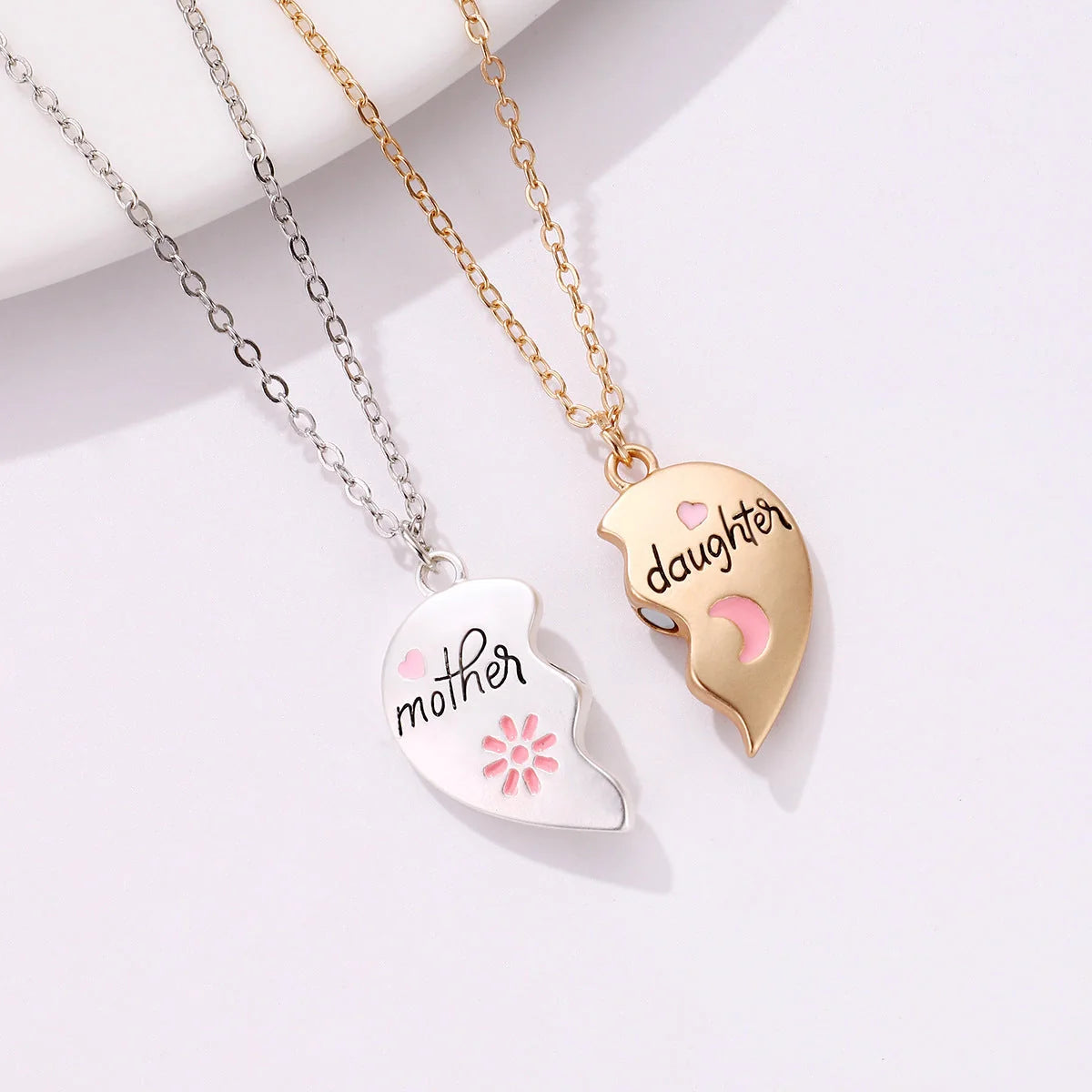 Mother daughter matching heart necklace set with gold plating and magnetic clasp