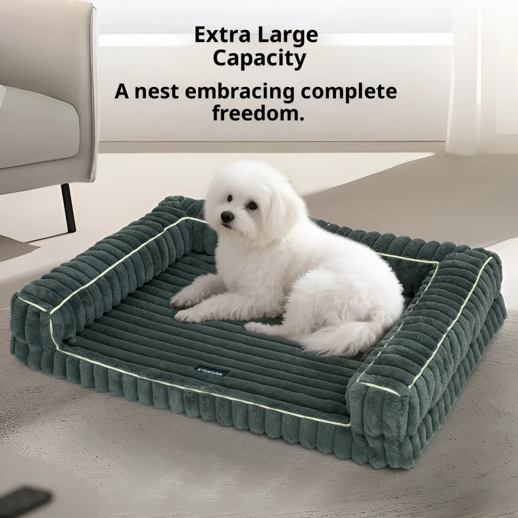 Kennel stripe dehaired angora removable pet bed with corduroy cushion in grey for dogs, 100x75cm size