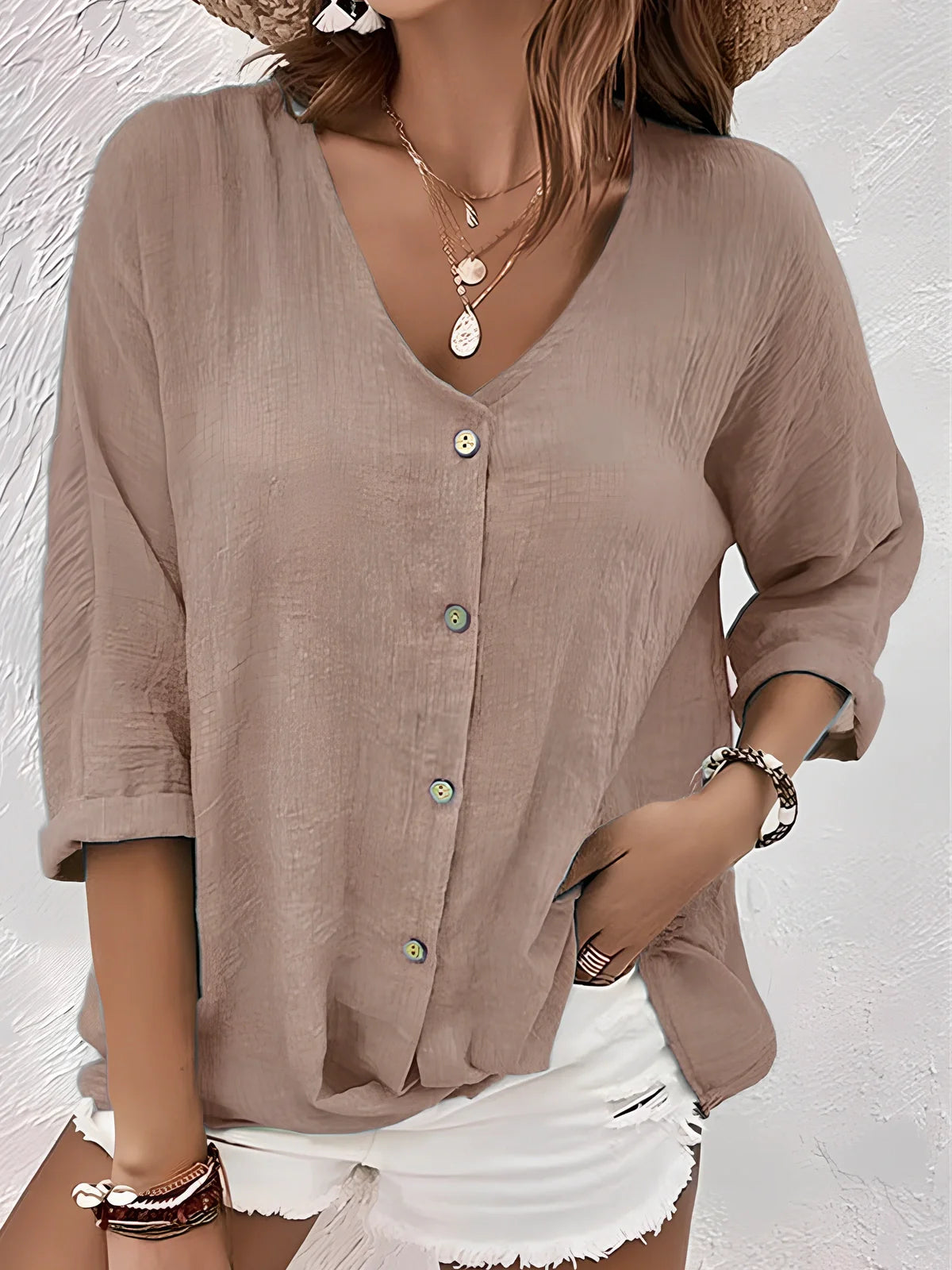 Women's loose V-neck long-sleeved T-shirt in navy blue, button front, polyester fabric, size M with 115cm bust fit