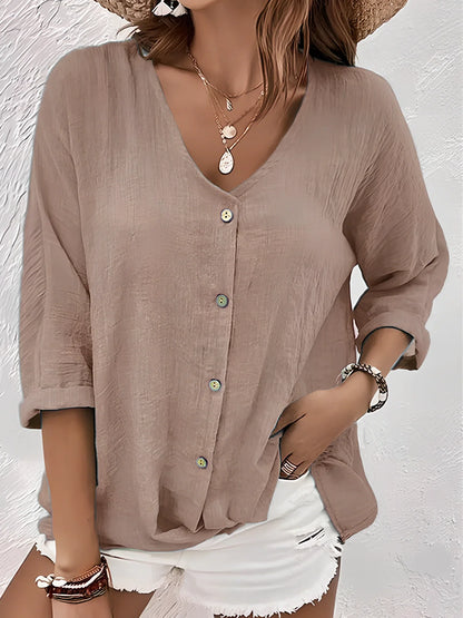 Women's loose V-neck long-sleeved T-shirt in navy blue, button front, polyester fabric, size M with 115cm bust fit