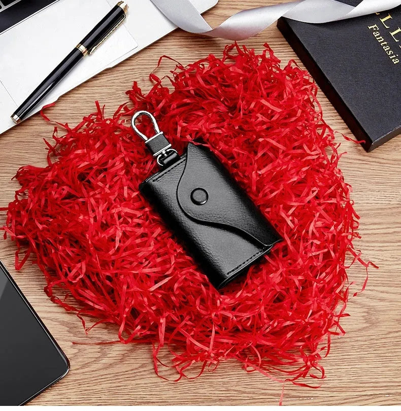 Genuine leather keychain card holder in square vertical format with internal key mapping