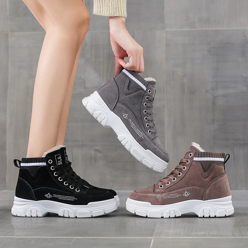 Ladies lace-up fashion sneakers with warm plush lining for winter wear