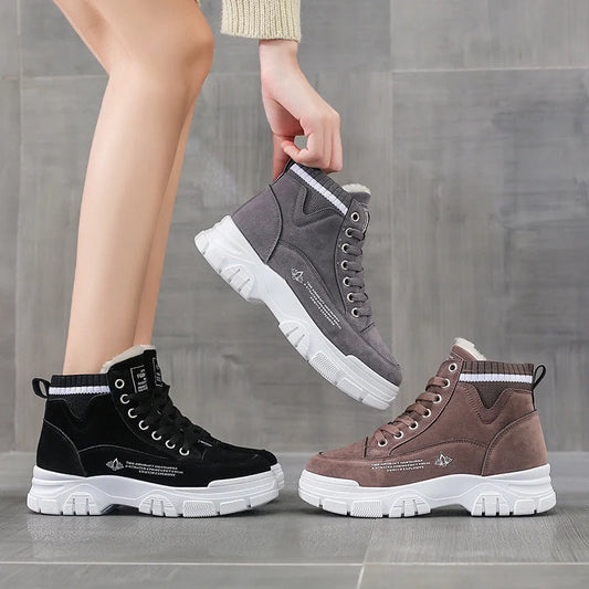 Ladies lace-up fashion sneakers with warm plush lining for winter wear