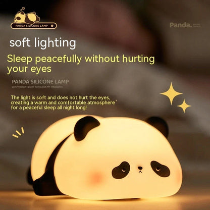 Adorable panda-shaped night light with adjustable warm white LED lighting and silicone construction