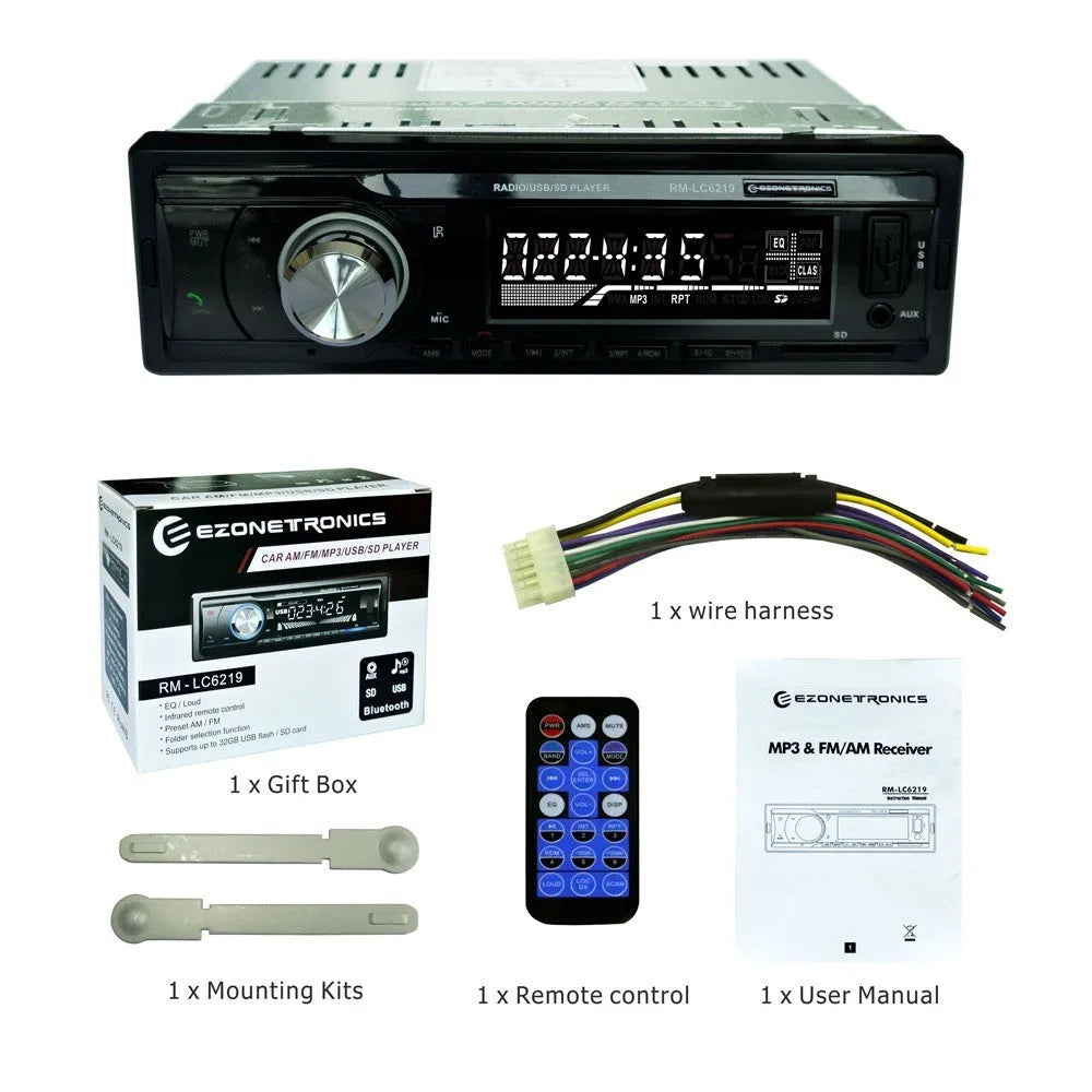 EZONETRONICS car stereo receiver with Bluetooth, FM radio, USB, SD card, and auxiliary inputs
