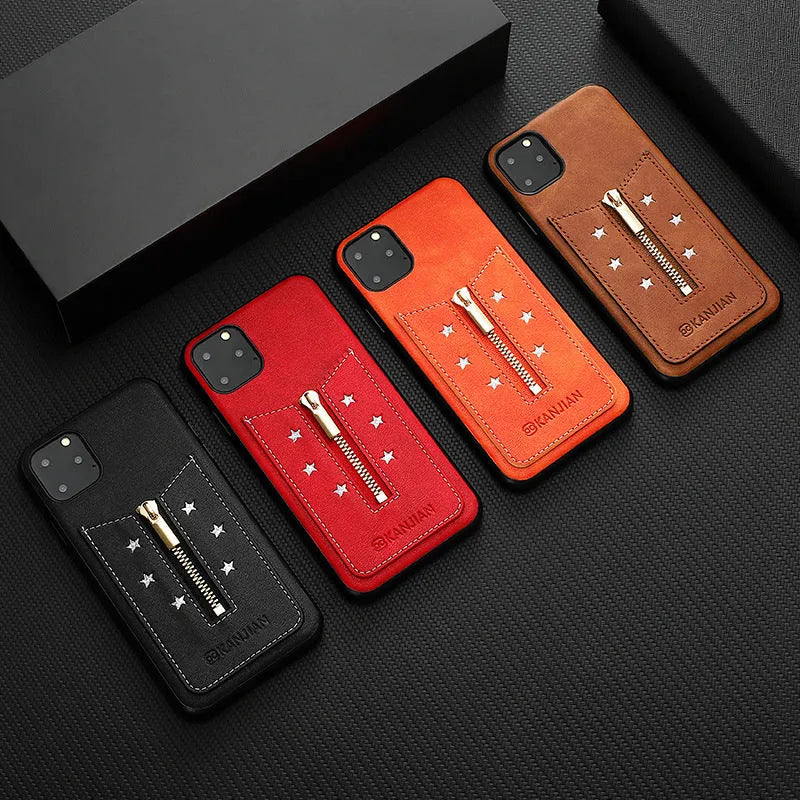 PU leather zipper wallet phone case in black, brown, orange, or red for iPhone and Samsung Galaxy Note models.