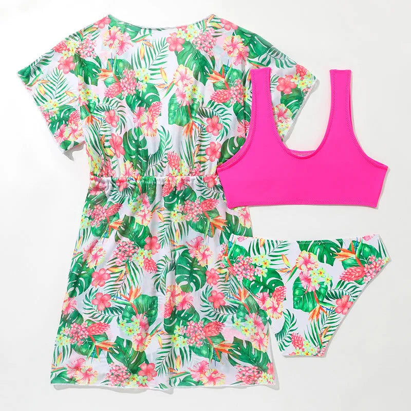 Girls' two-piece swimsuit with Korean floral pattern in polyester fabric