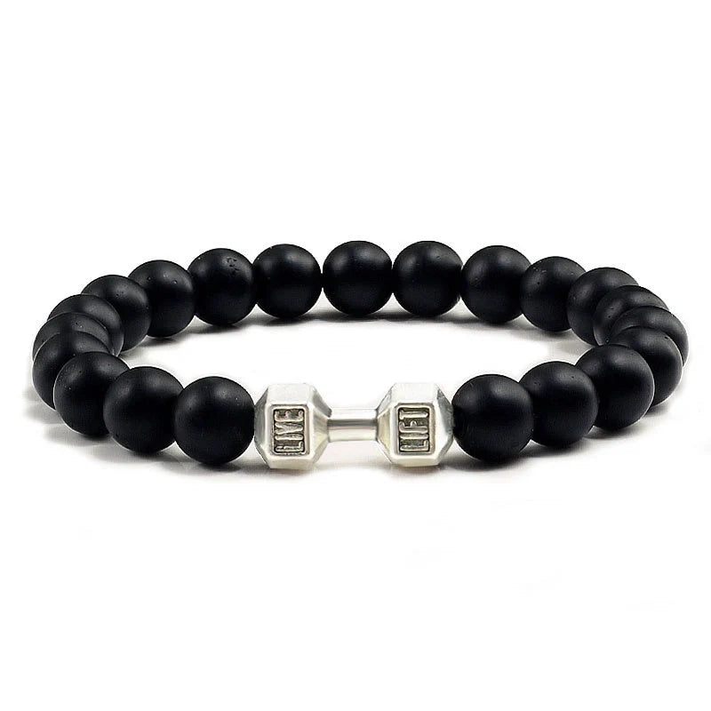 Men's fitness fashion bracelet with alloy metal barbell and lava rock stone beads