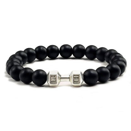 Men's fitness fashion bracelet with alloy metal barbell and lava rock stone beads