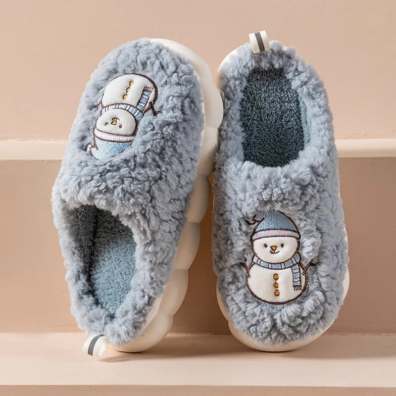 Cozy snowman-themed slippers with plush materials, anti-slip soles, and a variety of color options for comfortable indoor wear