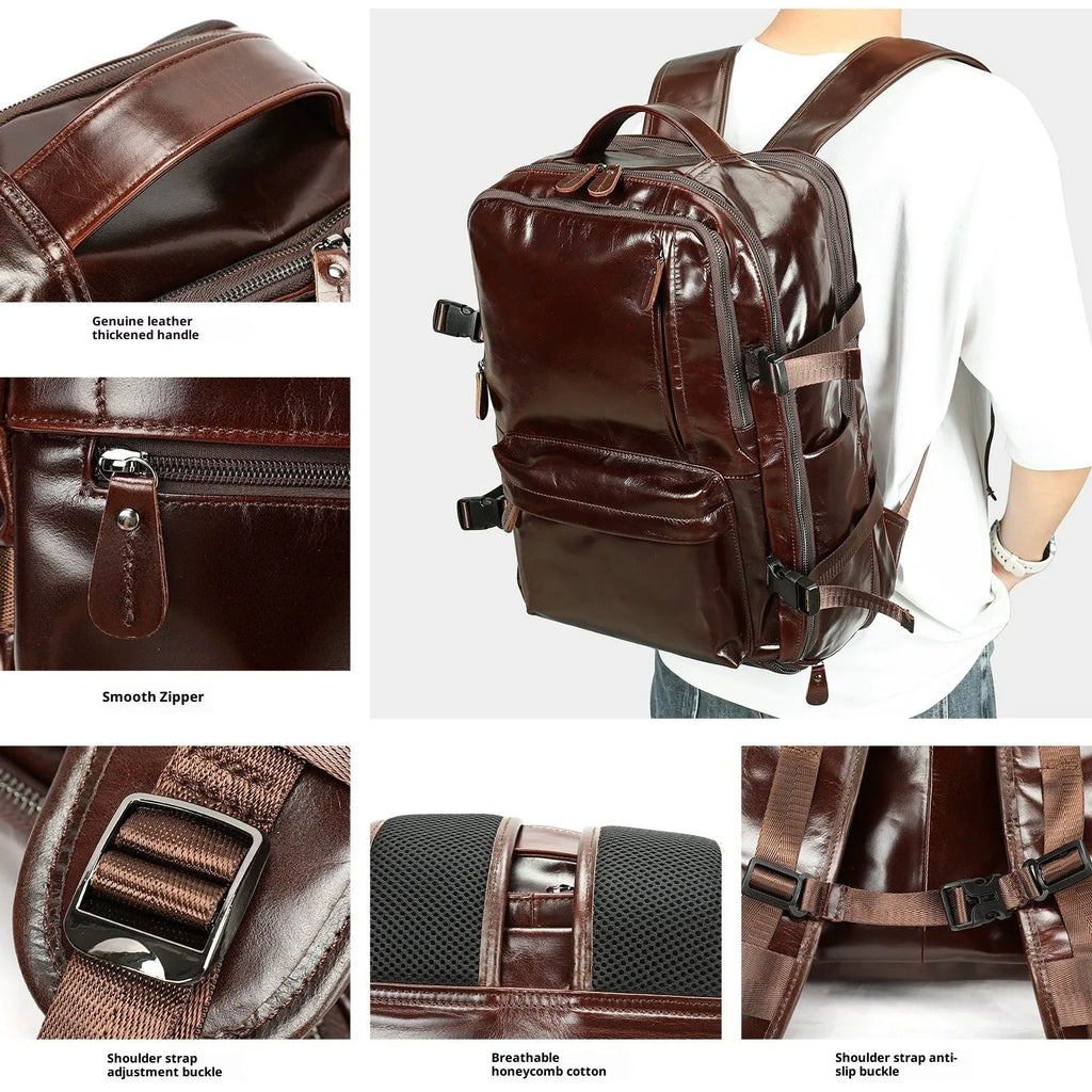 Large capacity genuine leather backpack in black, 30x20x45cm, with curved shoulder strap and retro design