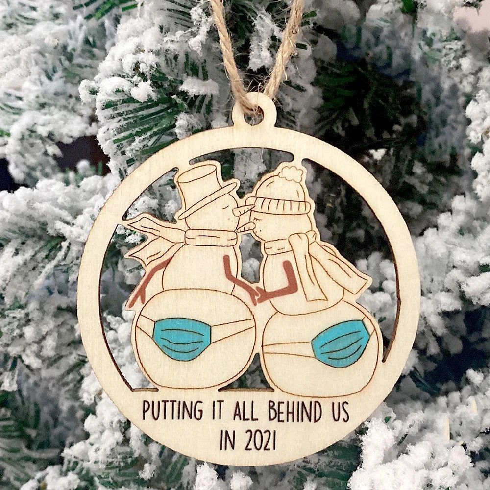 Wooden Christmas tree pendant with snowman and deer laser-cut design