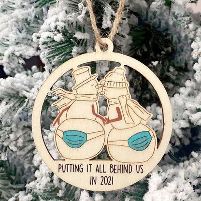 Wooden Christmas tree pendant with snowman and deer laser-cut design