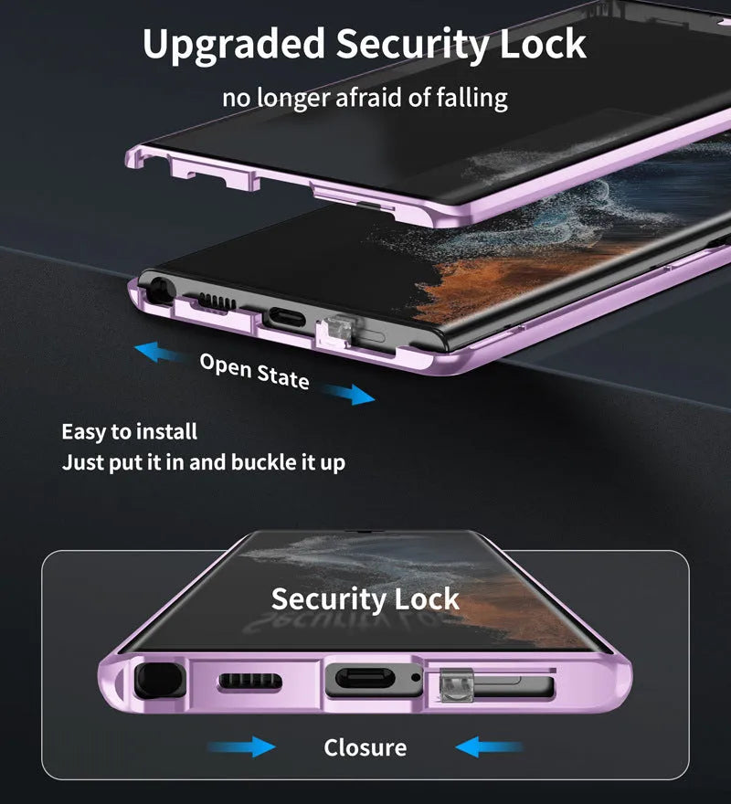 Magnetic mirror phone case for Samsung Galaxy S24 Ultra in silver colour, showing peep-proof cover closed.