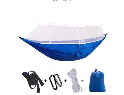 Parachute hammock with mosquito net in various colors and sizes, ideal for outdoor adventures and relaxation