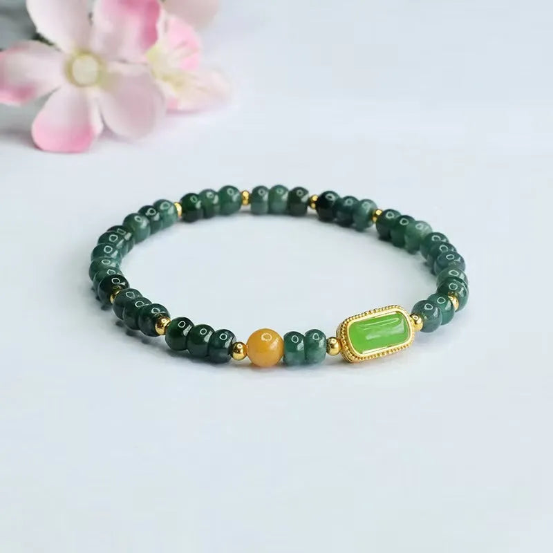 Natural stone blue water jade beaded bracelet with geometric jasper and topaz stones