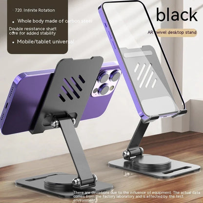 360-degree rotating metal stand for mobile phones and tablets in black, white, and silver
