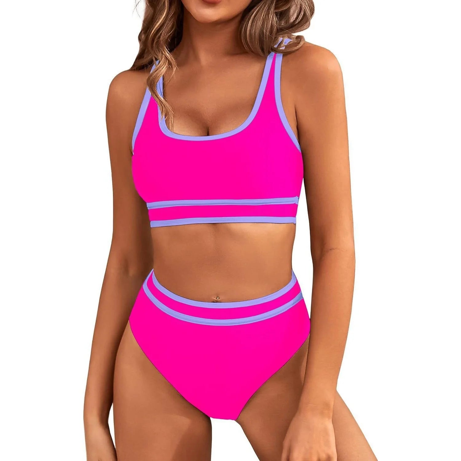 Women's tight-fitting solid colour bikini swimsuit with 15% spandex lining, available in multiple vibrant colours