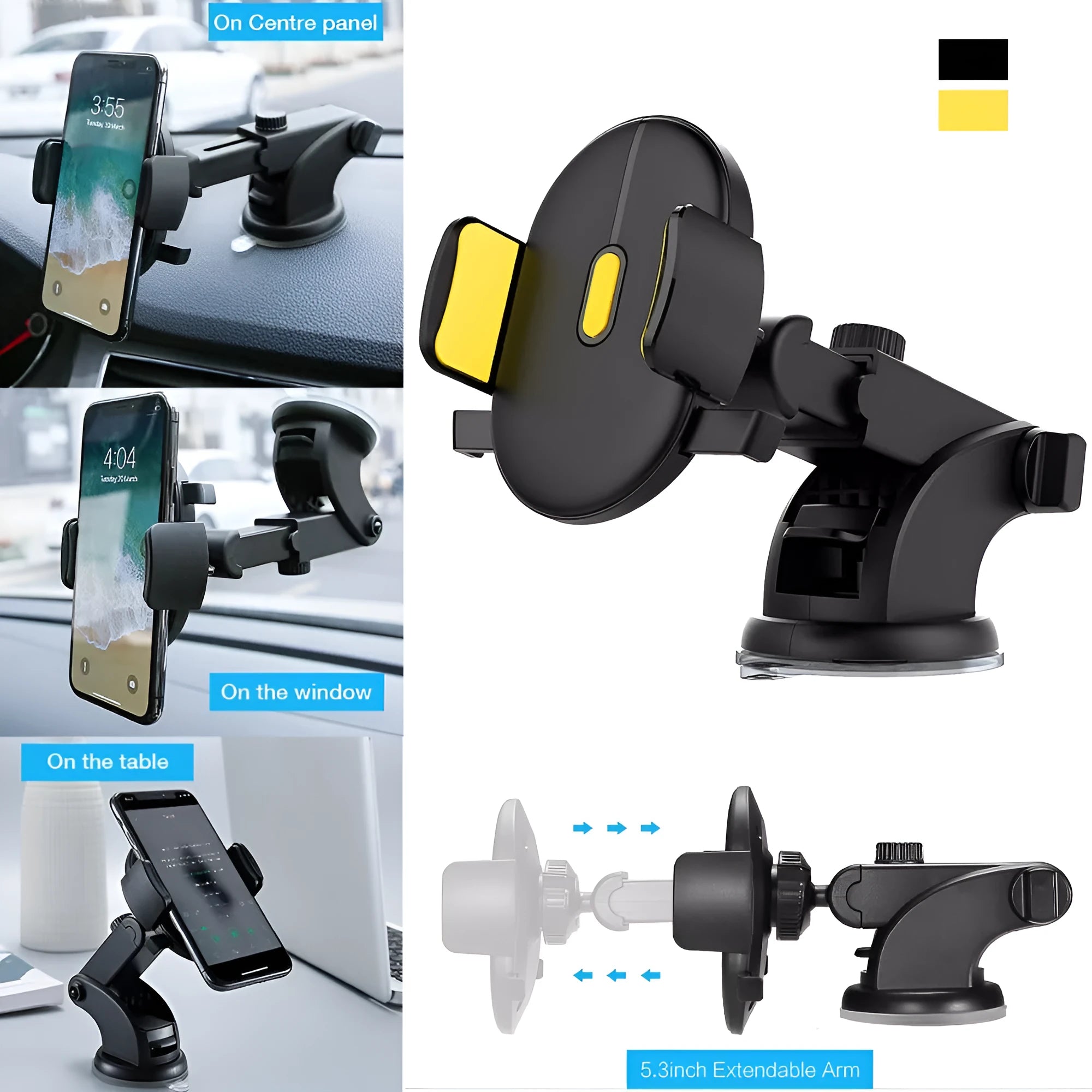 Black telescopic car dashboard phone holder with suction cup extended, showing 360-degree rotation.