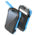 Portable 33500mAh solar power bank with waterproof plastic shell and LED light in black and orange colour