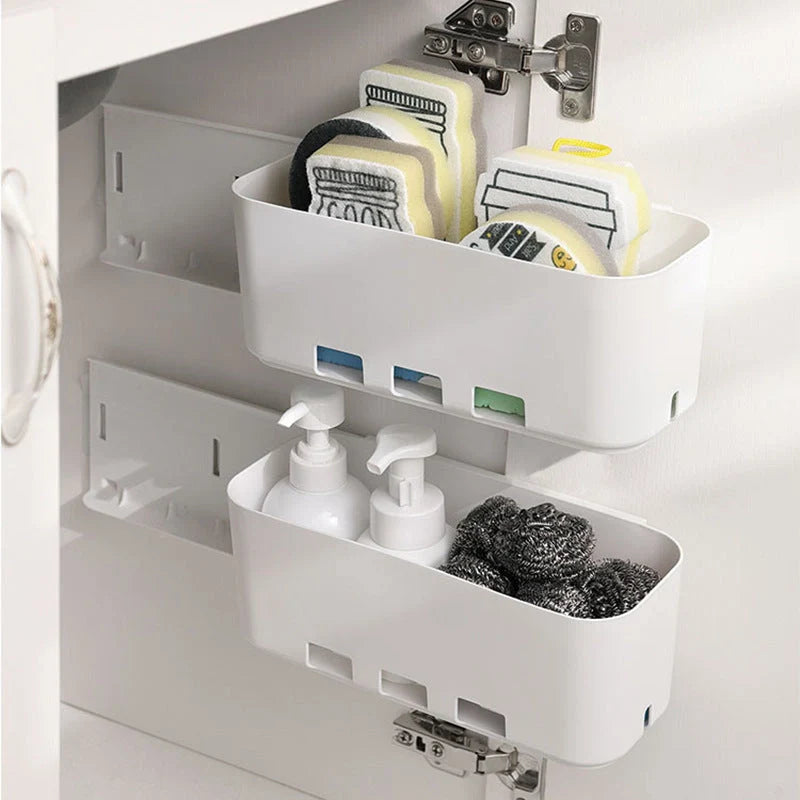 White retractable storage rack for kitchen, bathroom, and bedroom organisation