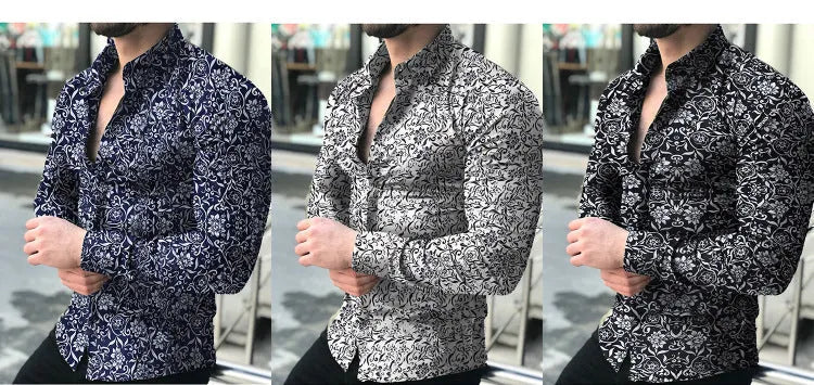 Men's long sleeve dress shirt with leaf print, stand collar, in cotton blend fabric, black colour