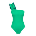 Women's single-shoulder suspender tube top one-piece swimsuit in a high-waist cut, shown in a solid colour.