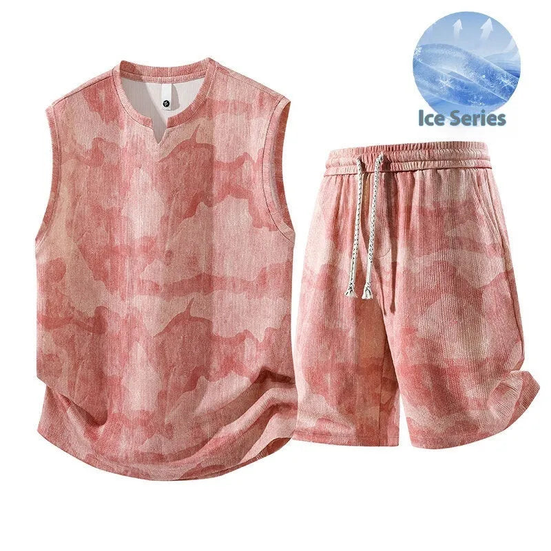 Sleeveless vest and shorts two-piece casual suit in quick-dry fabric for plus-size men.