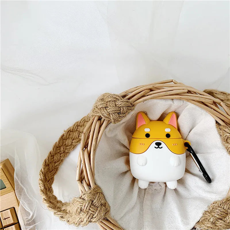 Grey silicone clamshell AirPods case cover with standing Shiba Inu dog design and hook, compatible with AirPods 1st and 2nd generation