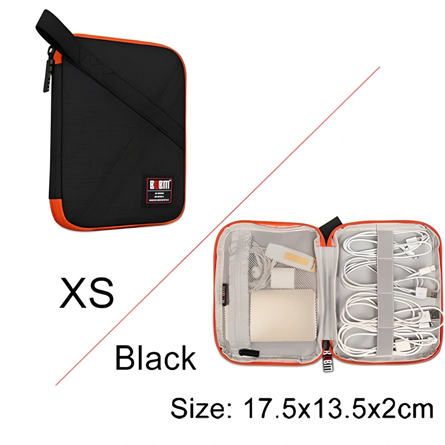 BUBM double-layer XL travel cable organizer in black, with compartments for USB, phone, charger, iPad cables, 25cm x 15cm x 10cm