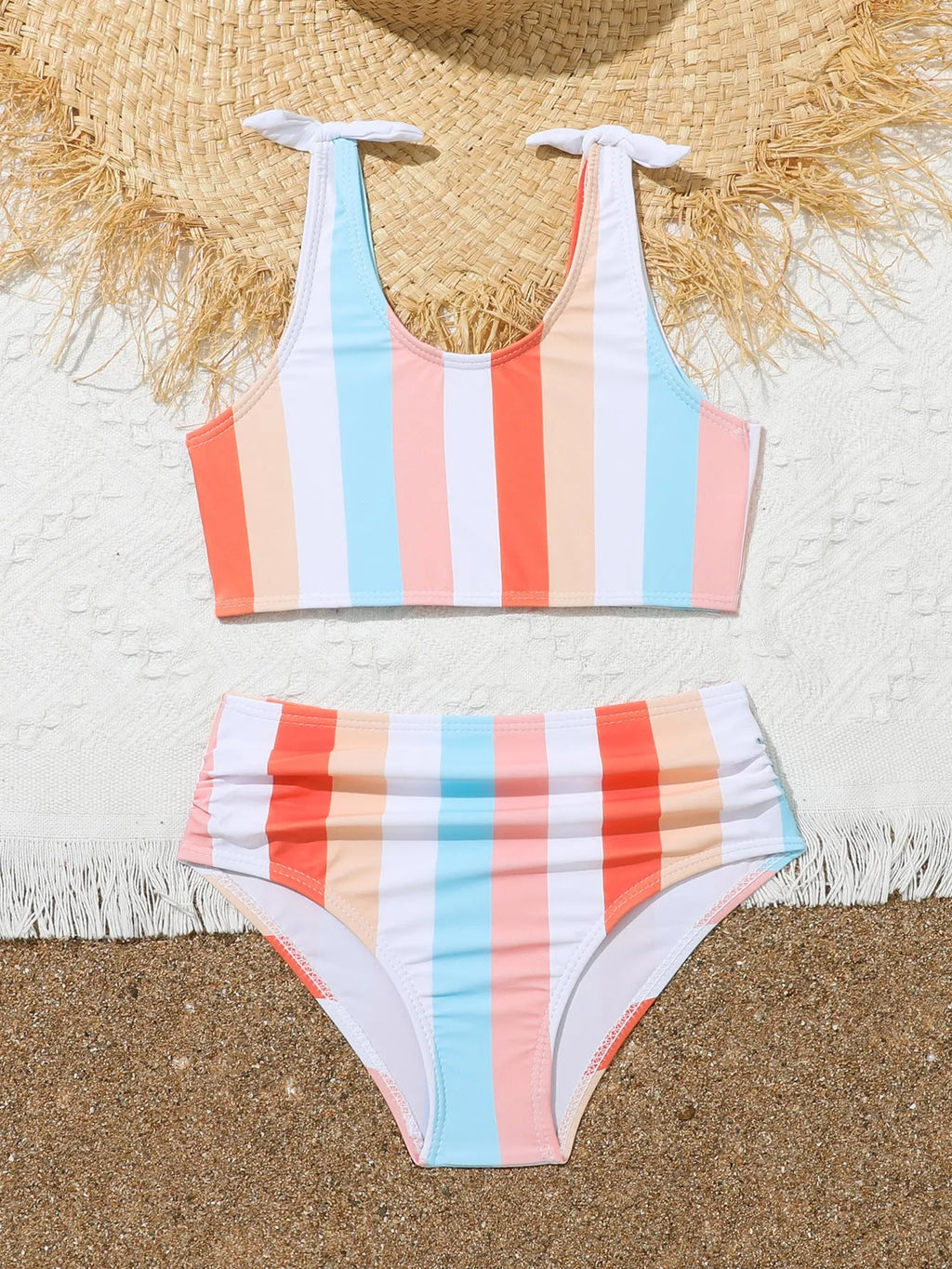 Girls' plaid pattern swimsuit briefs with matching bra for swimming