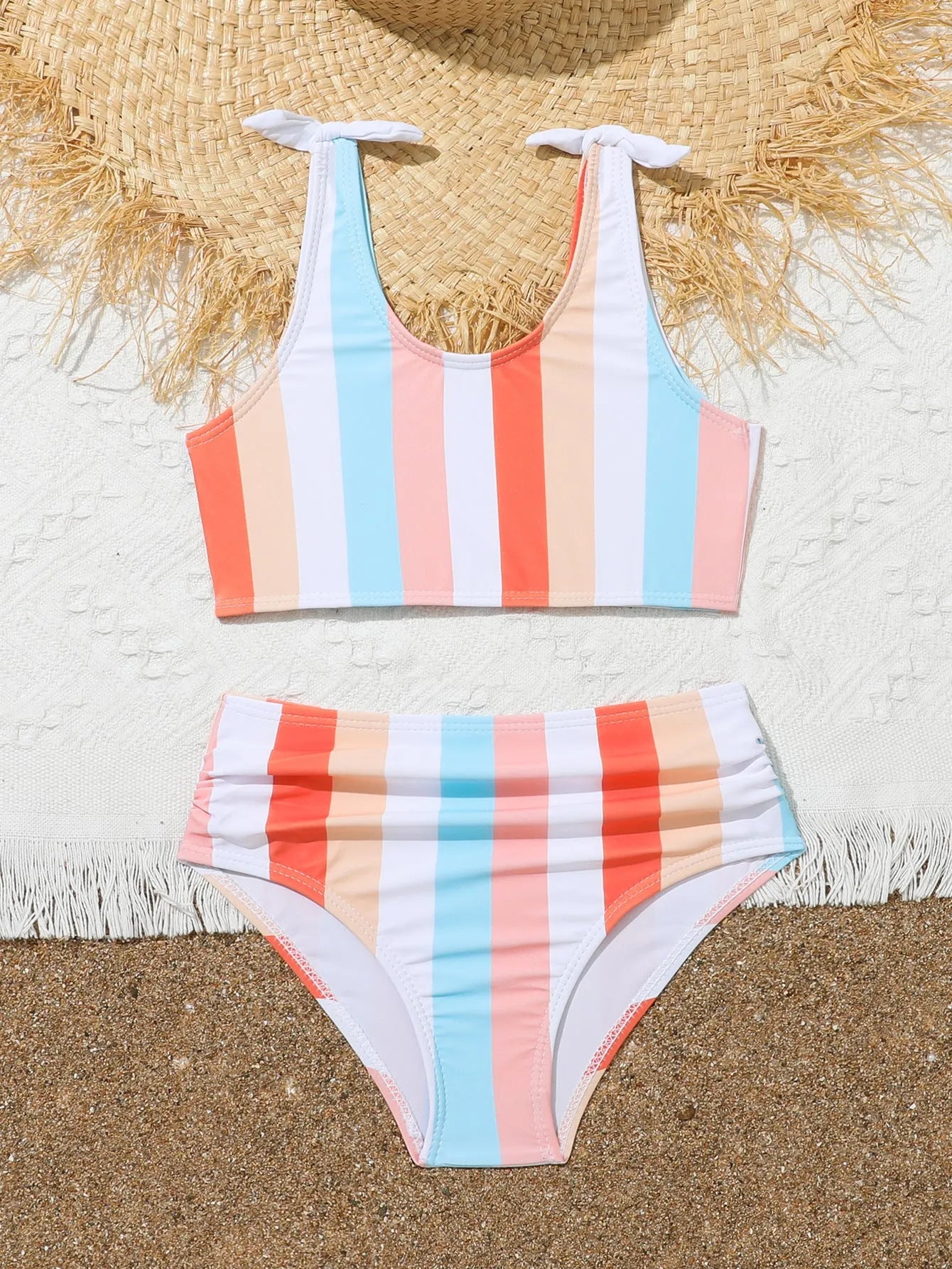 Girls' plaid pattern swimsuit briefs with matching bra for swimming