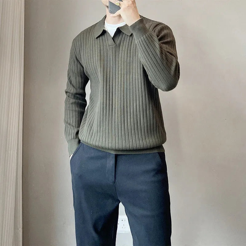 Boys loose elastic knitted sweater with lapel collar and striped texture in modal rabbit fur blend