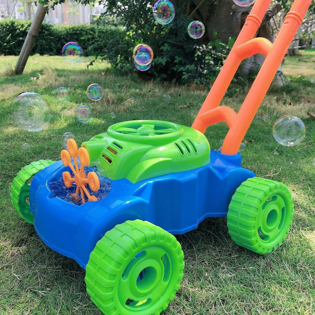 Plastic hand push bubble machine in tank car design with automatic bubble blower for outdoor children's toy