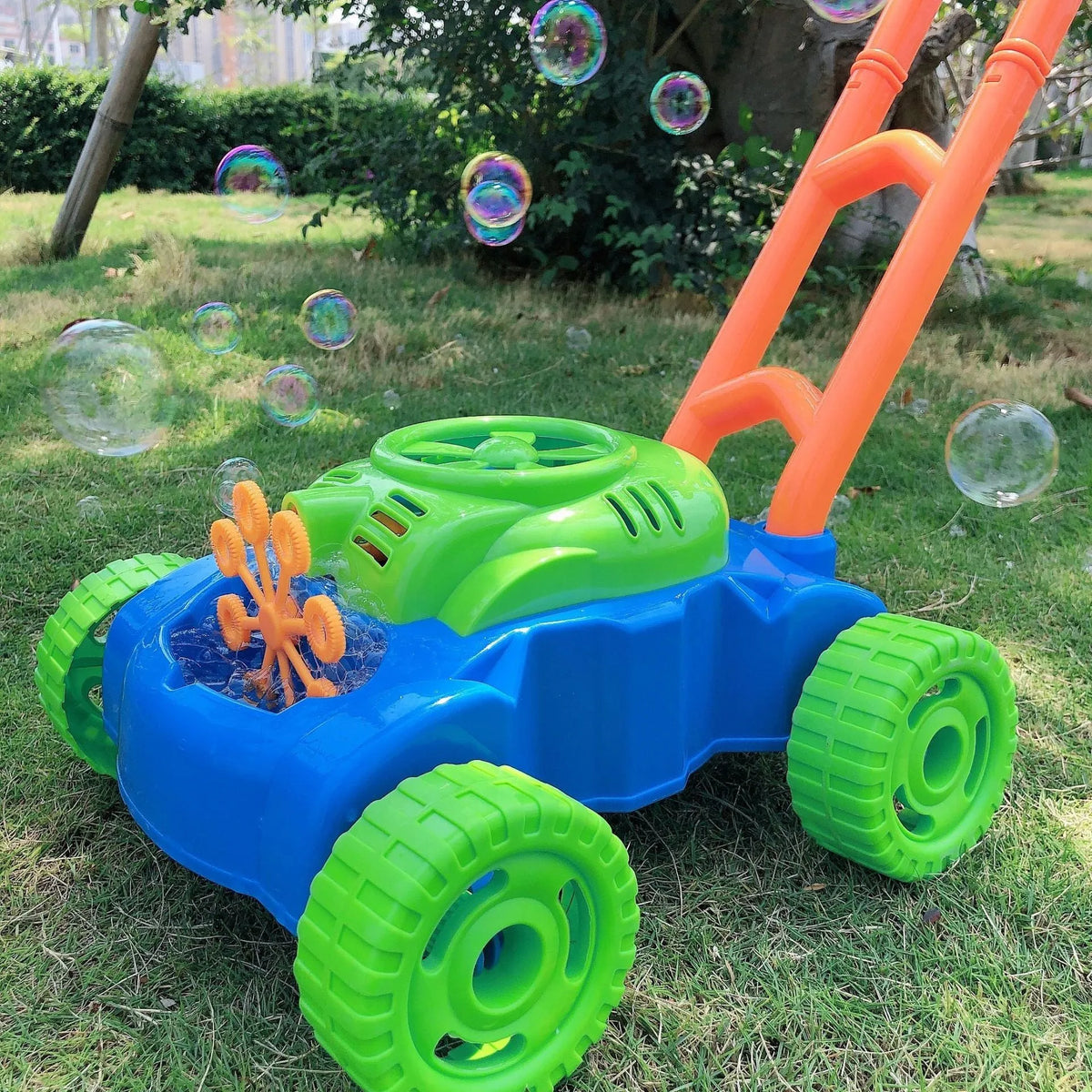 Plastic hand push bubble machine in tank car design with automatic bubble blower for outdoor children's toy