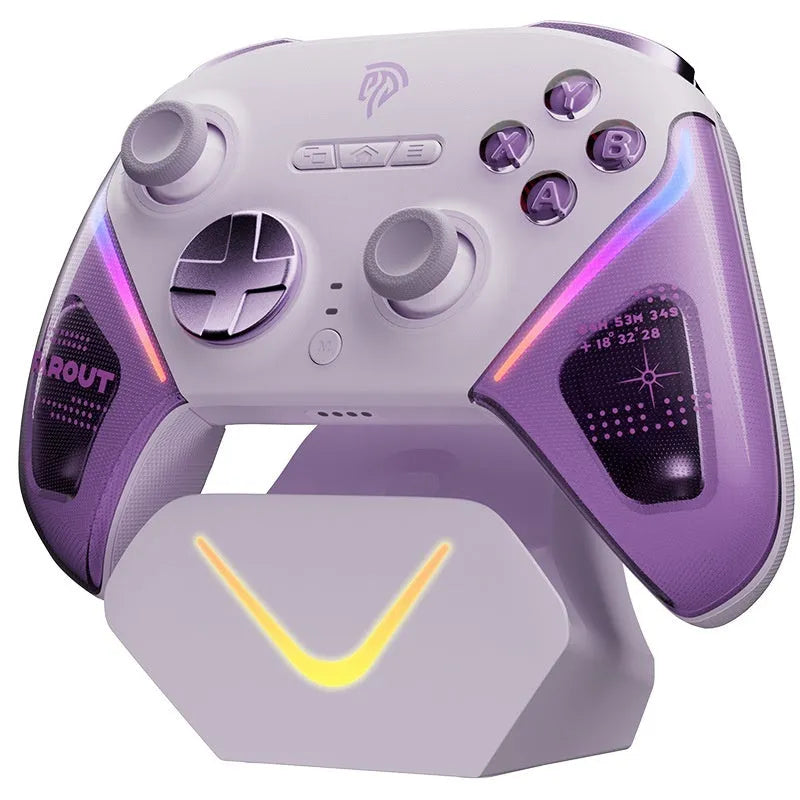 Game controller on charging base with type-C cable, available in black, green, or purple colours