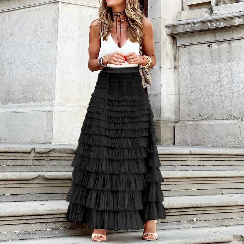 Women's layered ruffles cake skirt in mesh fabric, available in multiple colours