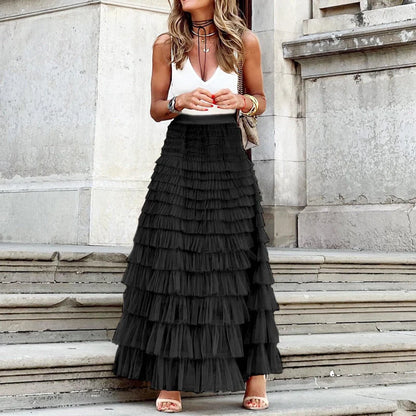 Women's layered ruffles cake skirt in mesh fabric, available in multiple colours