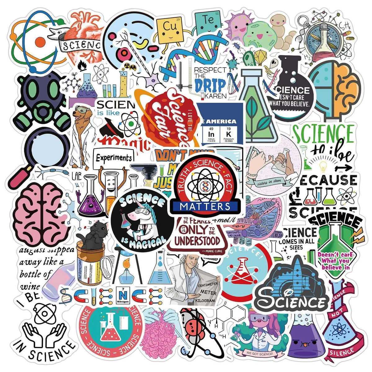 50 laboratory-themed graffiti stickers, waterproof adhesive vinyl, 3-6cm, in multicolour cartoon design on white background
