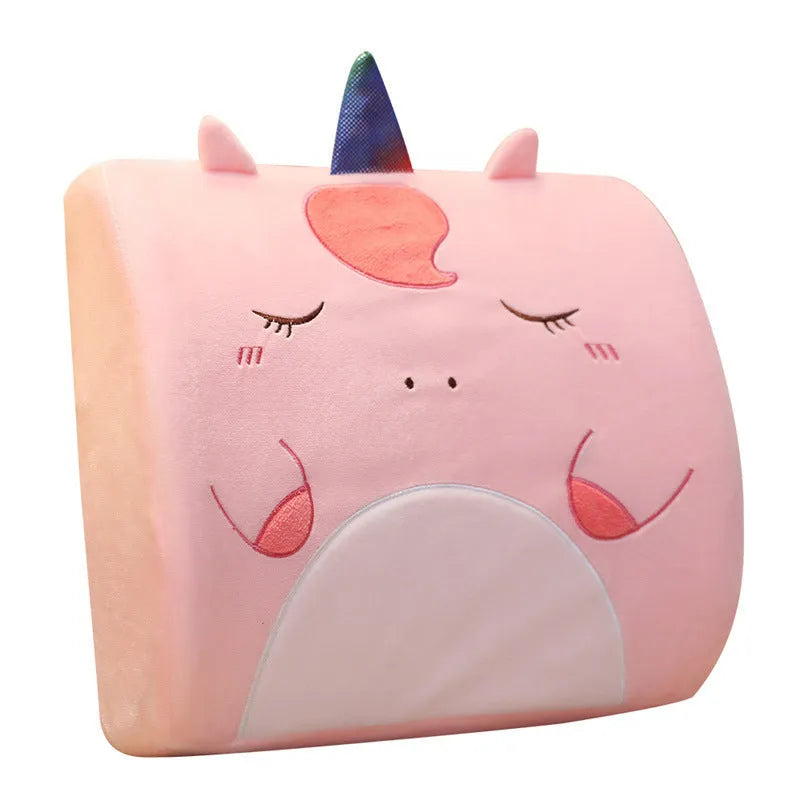Cartoon-themed memory foam lumbar support cushion for car seats with a removable cover.