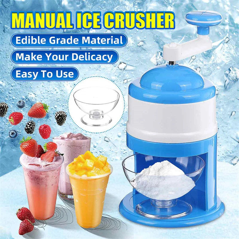 Portable manual ice crusher with stainless steel blade in blue and white