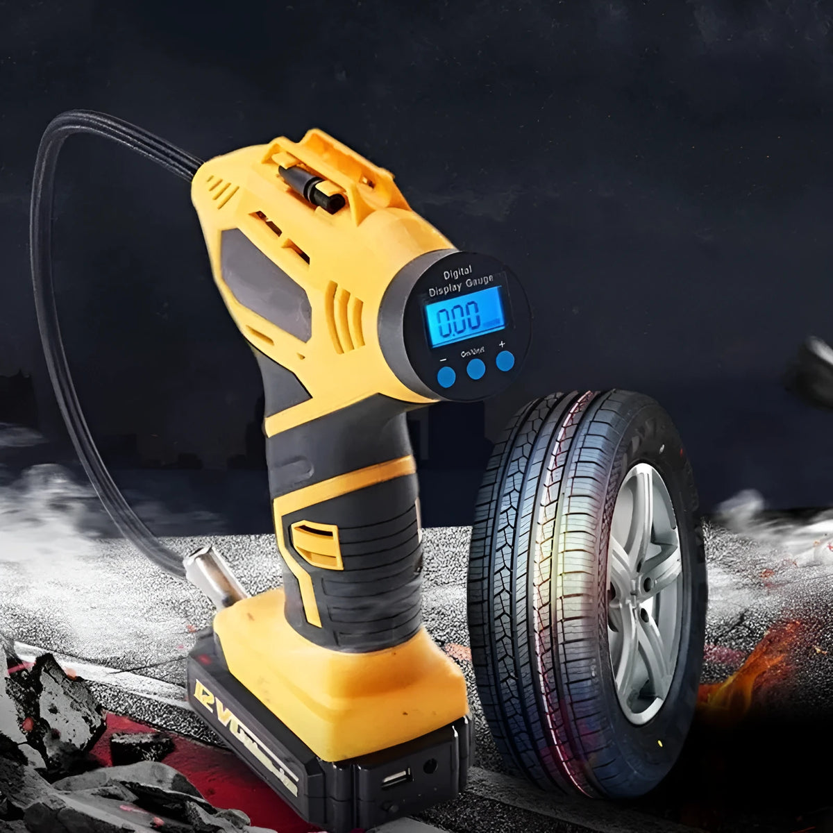 Smart Gonfleur 12V digital air pump in yellow with hose and cigarette lighter plug