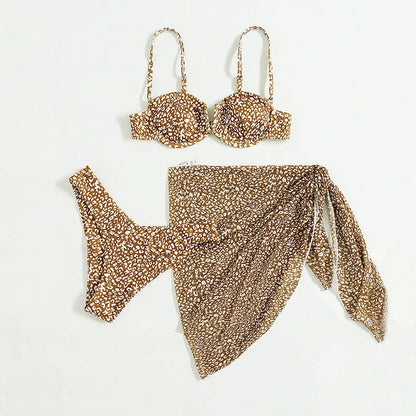 Three-piece floral bikini beach dress set with matching skirt in multiple colour options