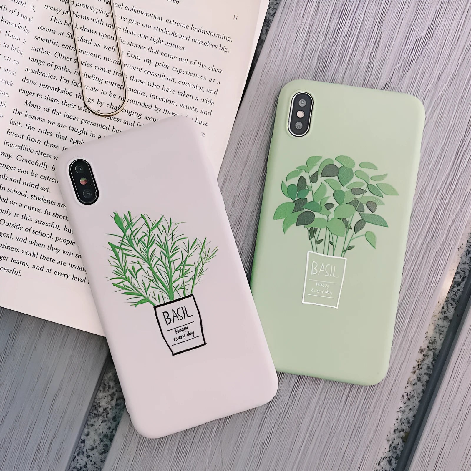 White silicone iPhone case with painted plant pattern design showing 360-degree edge protection