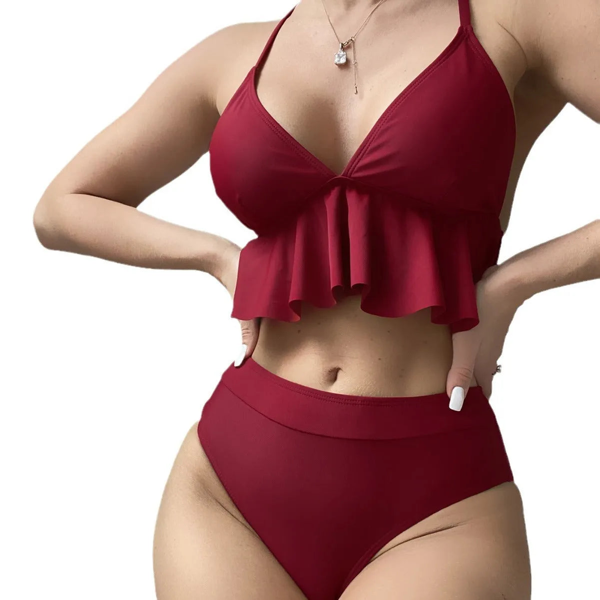 Women's solid colour split bikini swimsuit in polyester spandex fabric on a neutral background.